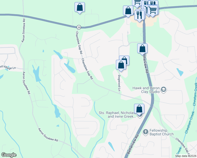 map of restaurants, bars, coffee shops, grocery stores, and more near 3340 Chamblee Gap Road in Cumming