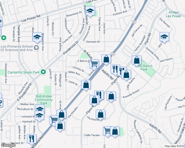 map of restaurants, bars, coffee shops, grocery stores, and more near 1254 Gracia Street in Camarillo