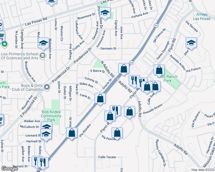 map of restaurants, bars, coffee shops, grocery stores, and more near 1254 Gracia Street in Camarillo