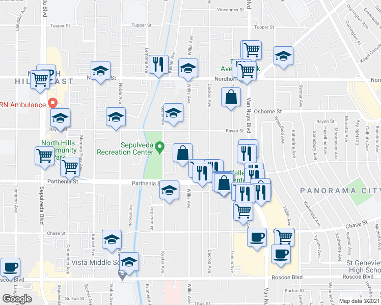 map of restaurants, bars, coffee shops, grocery stores, and more near 8802 Willis Avenue in Los Angeles