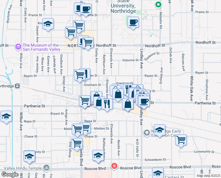 map of restaurants, bars, coffee shops, grocery stores, and more near 8801 Nestle Avenue in Los Angeles