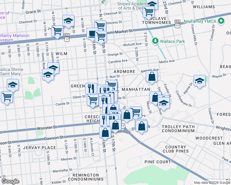 map of restaurants, bars, coffee shops, grocery stores, and more near 523 South 17th Street in Wilmington