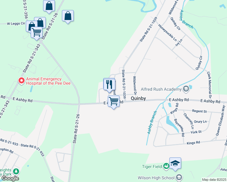 map of restaurants, bars, coffee shops, grocery stores, and more near 101 Dogwood Lane in Quinby