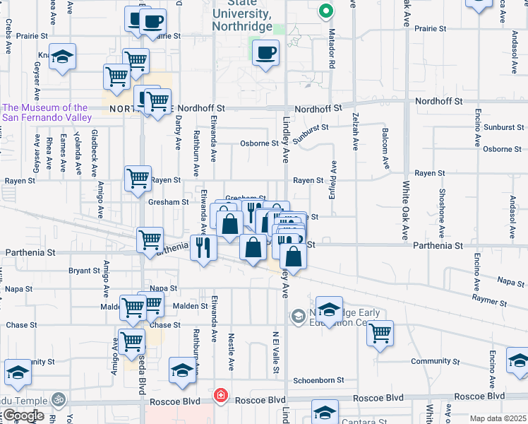 map of restaurants, bars, coffee shops, grocery stores, and more near 8801 Chimineas Avenue in Los Angeles