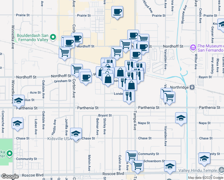 map of restaurants, bars, coffee shops, grocery stores, and more near 19431 Londelius Street in Los Angeles