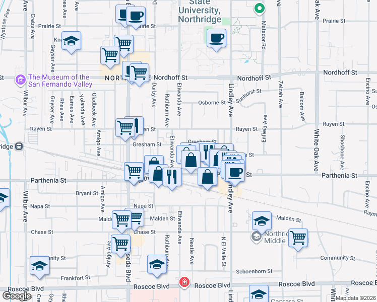 map of restaurants, bars, coffee shops, grocery stores, and more near 18241 Acre Street in Los Angeles