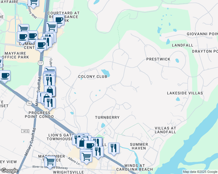 map of restaurants, bars, coffee shops, grocery stores, and more near 1805 Verrazzano Drive in Wilmington