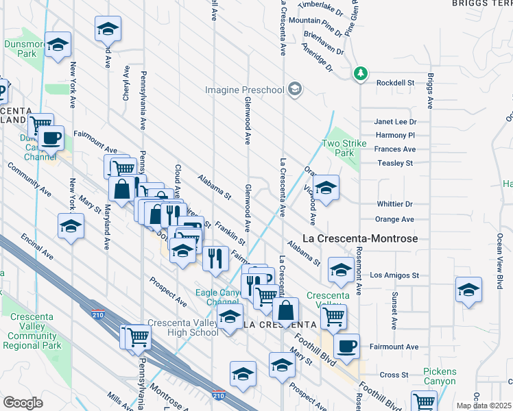map of restaurants, bars, coffee shops, grocery stores, and more near 2844 Stevens Street in La Crescenta-Montrose