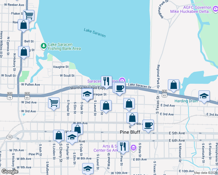 map of restaurants, bars, coffee shops, grocery stores, and more near 102 North Walnut Street in Pine Bluff