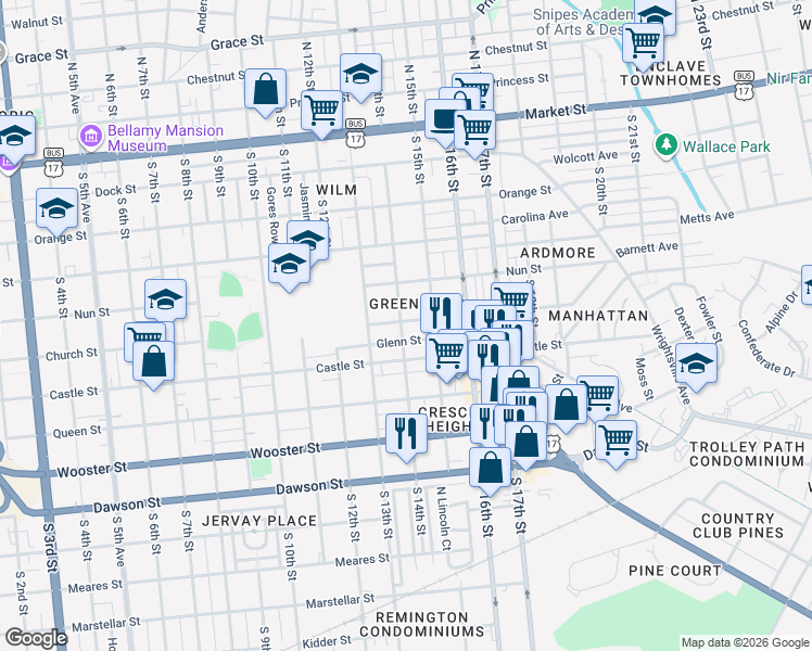 map of restaurants, bars, coffee shops, grocery stores, and more near 1317 Glenn Street in Wilmington