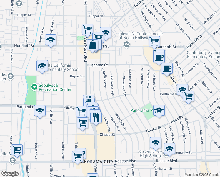 map of restaurants, bars, coffee shops, grocery stores, and more near 8813 Katherine Avenue in Los Angeles