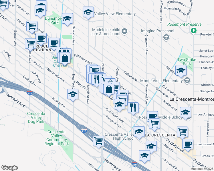 map of restaurants, bars, coffee shops, grocery stores, and more near 4520 Pennsylvania Avenue in La Crescenta-Montrose