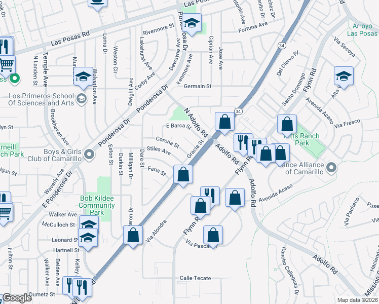 map of restaurants, bars, coffee shops, grocery stores, and more near 3623 Corona Street in Camarillo