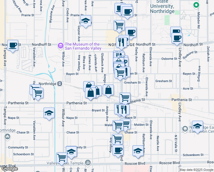 map of restaurants, bars, coffee shops, grocery stores, and more near 18611 Eddy Street in Los Angeles