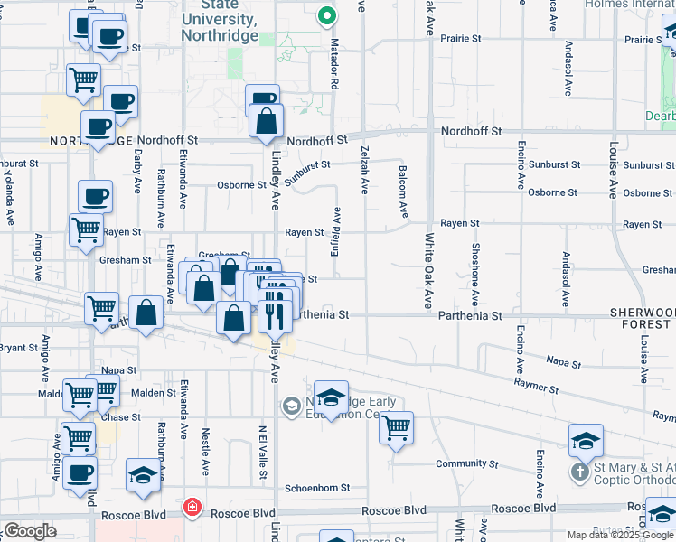 map of restaurants, bars, coffee shops, grocery stores, and more near 8806 Enfield Avenue in Los Angeles