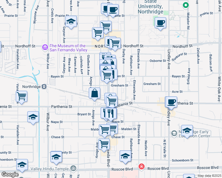 map of restaurants, bars, coffee shops, grocery stores, and more near 8708-8760 Reseda Blvd in Los Angeles