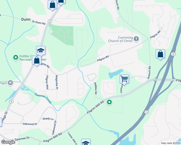 map of restaurants, bars, coffee shops, grocery stores, and more near 1360 Brookmere Way in Cumming
