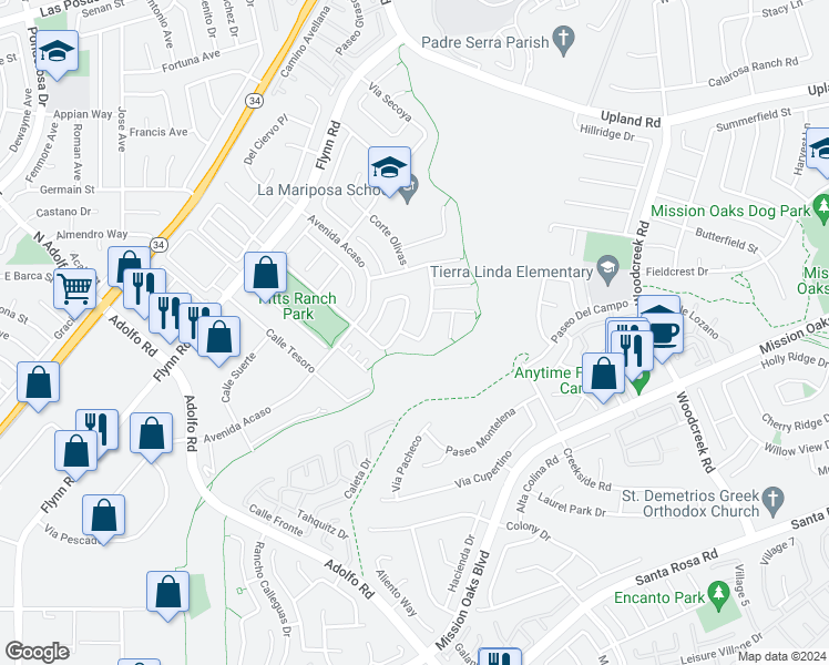 map of restaurants, bars, coffee shops, grocery stores, and more near 1709 Avenida Navidad in Camarillo