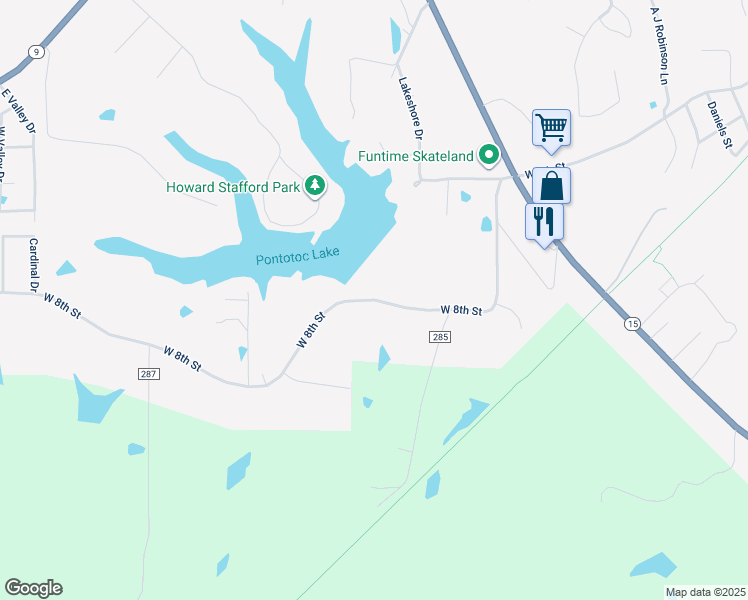 map of restaurants, bars, coffee shops, grocery stores, and more near West 8th Street in Pontotoc