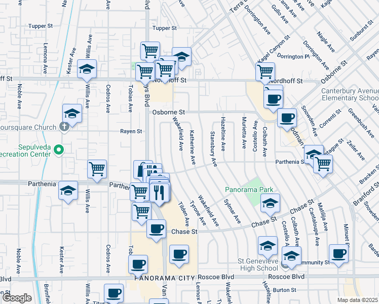 map of restaurants, bars, coffee shops, grocery stores, and more near 8813 Katherine Avenue in Los Angeles