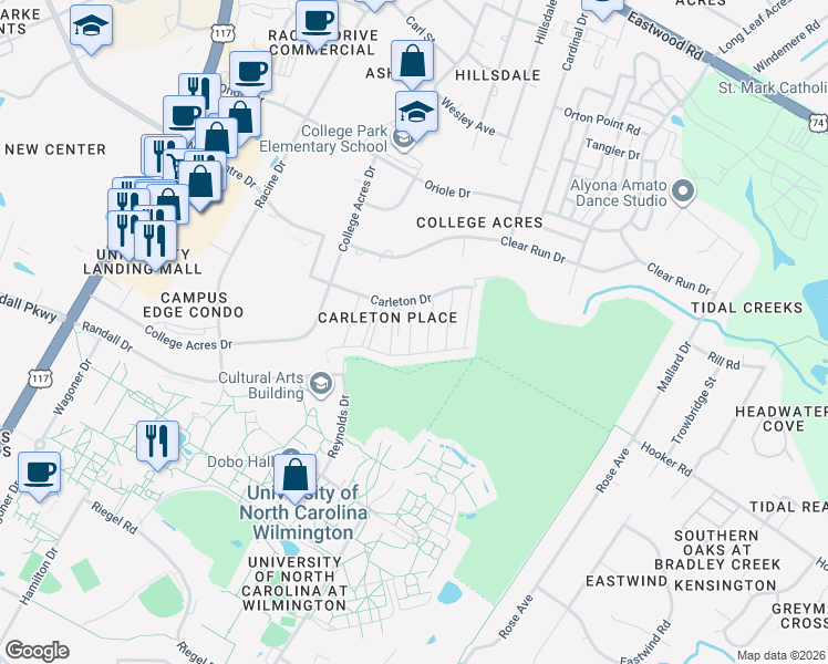 map of restaurants, bars, coffee shops, grocery stores, and more near Christian Drive in Wilmington
