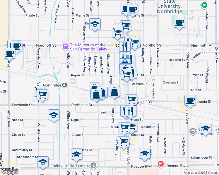 map of restaurants, bars, coffee shops, grocery stores, and more near 18611 Eddy Street in Los Angeles