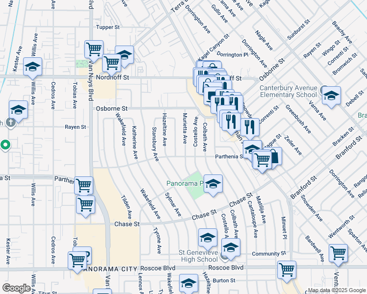 map of restaurants, bars, coffee shops, grocery stores, and more near 8801 Murietta Avenue in Los Angeles
