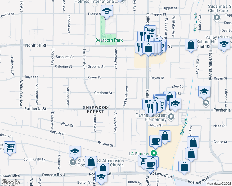 map of restaurants, bars, coffee shops, grocery stores, and more near Amestoy Avenue & Gresham Street in Los Angeles
