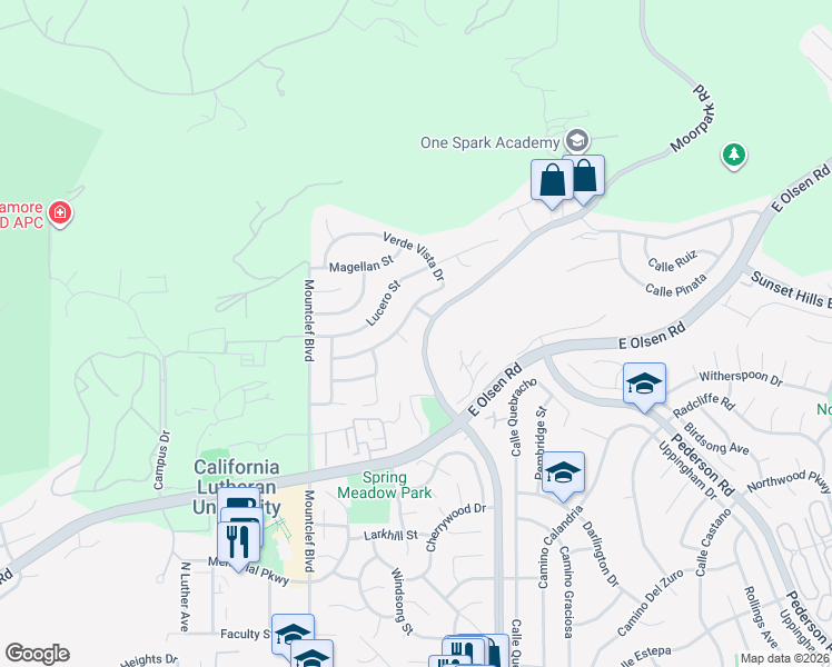 map of restaurants, bars, coffee shops, grocery stores, and more near 152 Ventana Court in Thousand Oaks