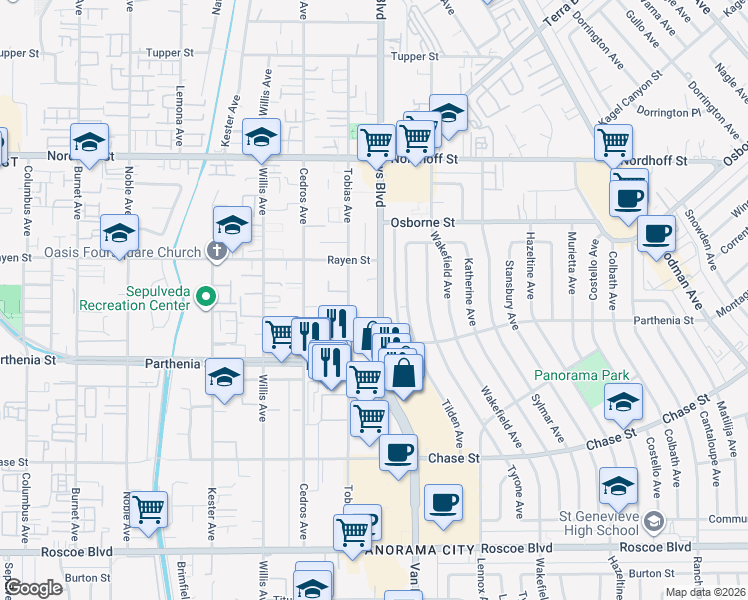 map of restaurants, bars, coffee shops, grocery stores, and more near 8815 Van Nuys Boulevard in Los Angeles
