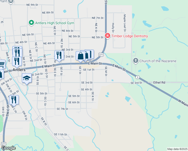 map of restaurants, bars, coffee shops, grocery stores, and more near 1103 Southeast 3rd Street in Antlers