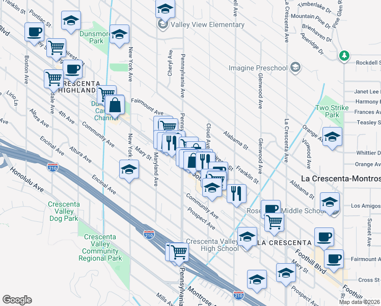 map of restaurants, bars, coffee shops, grocery stores, and more near 4520 Pennsylvania Avenue in La Crescenta-Montrose