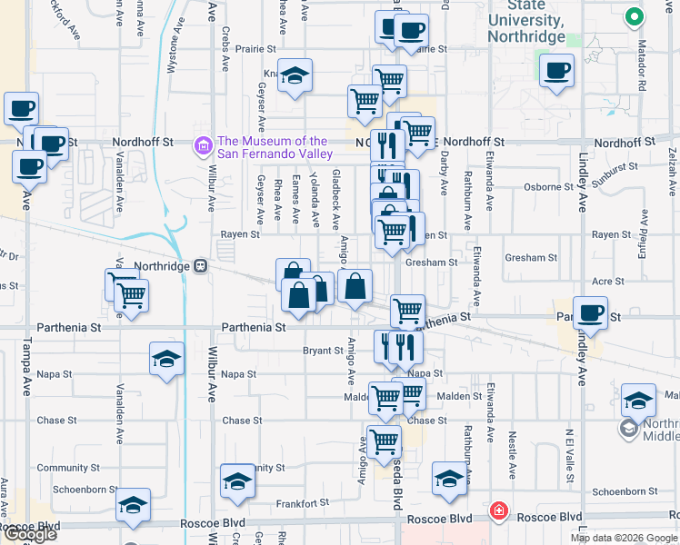 map of restaurants, bars, coffee shops, grocery stores, and more near 18611 Eddy Street in Los Angeles