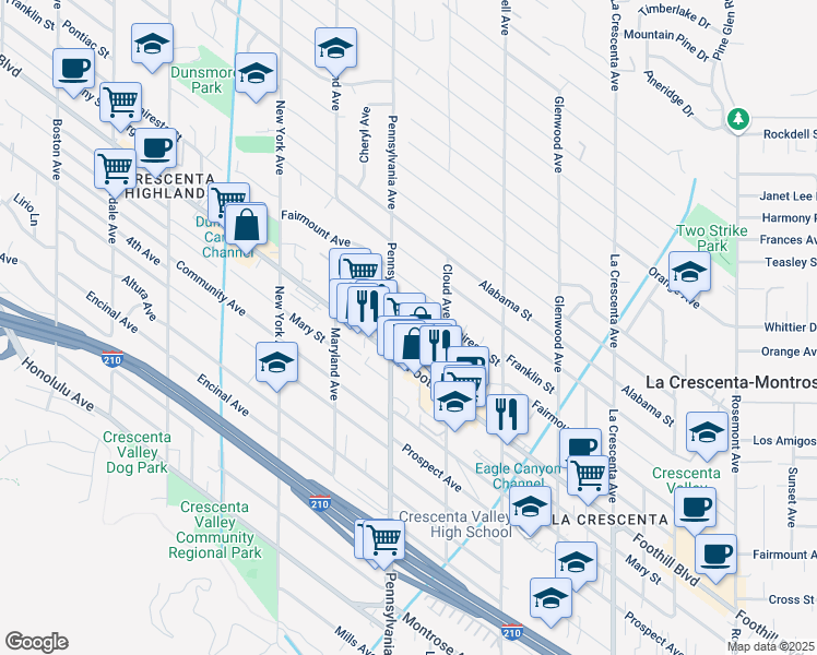map of restaurants, bars, coffee shops, grocery stores, and more near 3157 Foothill Boulevard in La Crescenta-Montrose