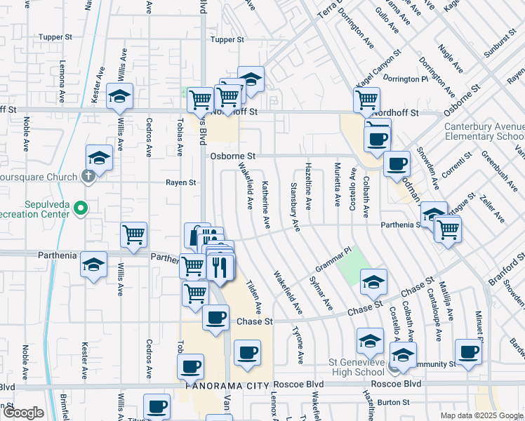 map of restaurants, bars, coffee shops, grocery stores, and more near 8815 Katherine Avenue in Los Angeles