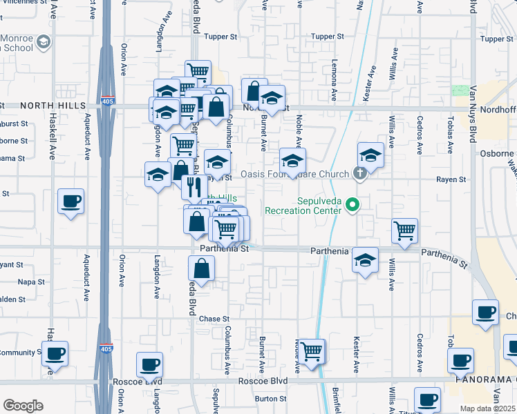 map of restaurants, bars, coffee shops, grocery stores, and more near 8800 Memory Park Avenue in Los Angeles