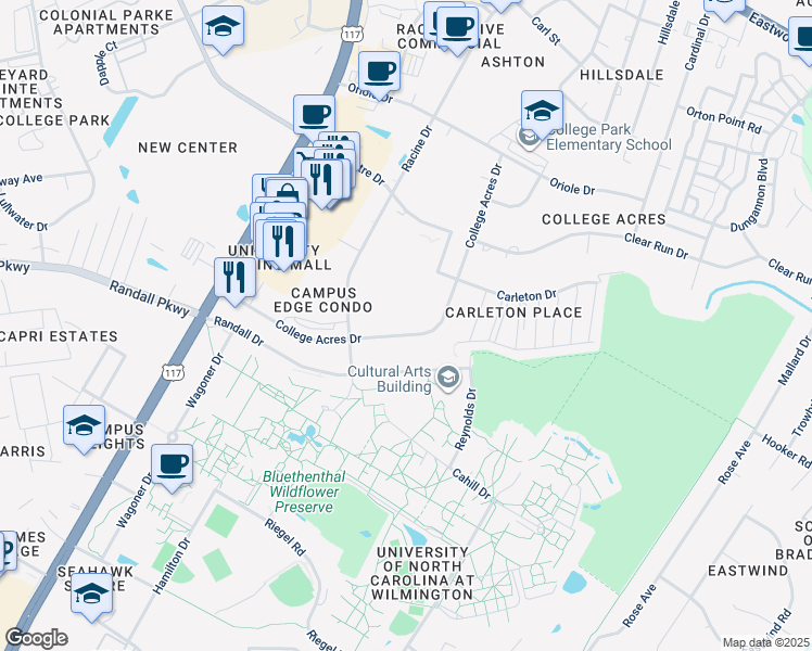map of restaurants, bars, coffee shops, grocery stores, and more near 4825 College Acres Drive in Wilmington
