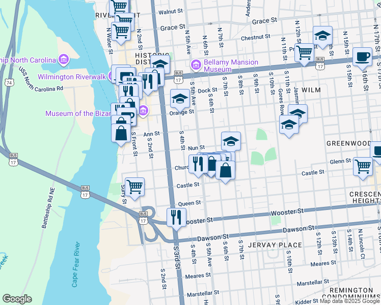 map of restaurants, bars, coffee shops, grocery stores, and more near 416 South 5th Avenue in Wilmington