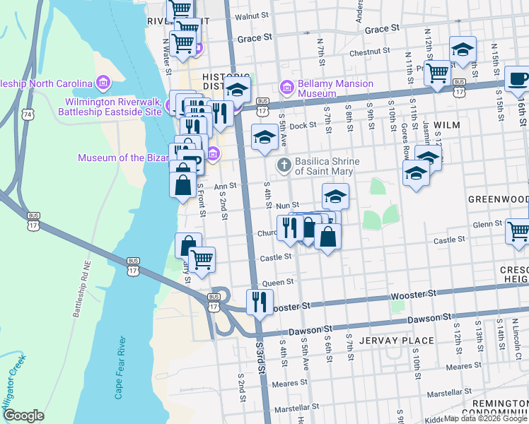 map of restaurants, bars, coffee shops, grocery stores, and more near 412 South 4th Street in Wilmington