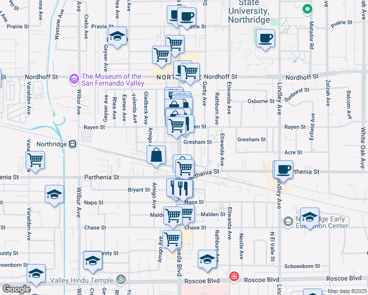 map of restaurants, bars, coffee shops, grocery stores, and more near 8760 Reseda Boulevard in Los Angeles
