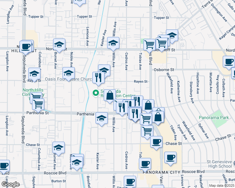 map of restaurants, bars, coffee shops, grocery stores, and more near 8802 Willis Avenue in Los Angeles