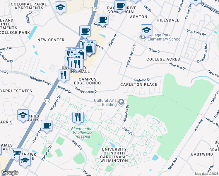 map of restaurants, bars, coffee shops, grocery stores, and more near 4825 College Acres Drive in Wilmington
