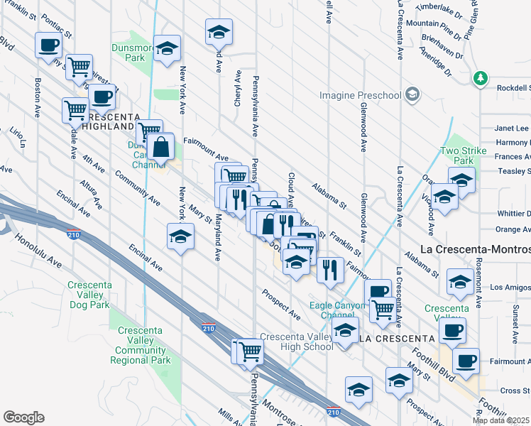 map of restaurants, bars, coffee shops, grocery stores, and more near in La Crescenta-Montrose