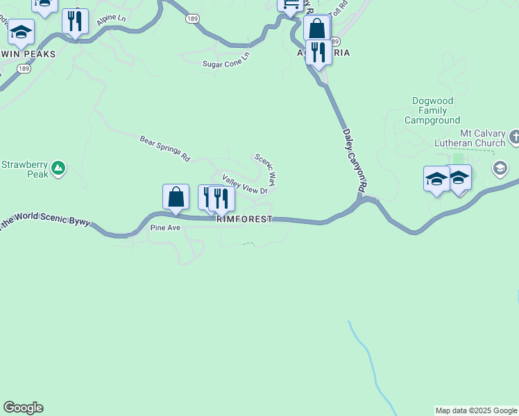 map of restaurants, bars, coffee shops, grocery stores, and more near 1262 Bear Springs Road in Rimforest