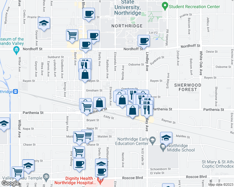 map of restaurants, bars, coffee shops, grocery stores, and more near 8813 Nestle Avenue in Los Angeles