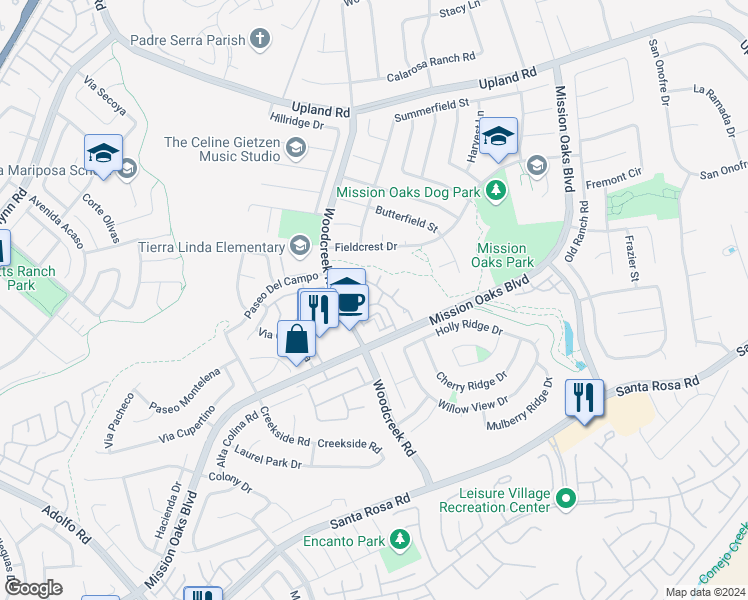 map of restaurants, bars, coffee shops, grocery stores, and more near 1202 Mission Verde Drive in Camarillo