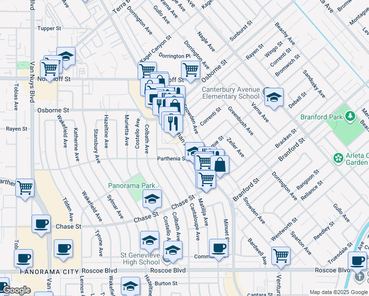 map of restaurants, bars, coffee shops, grocery stores, and more near 8825 Woodman Avenue in Los Angeles