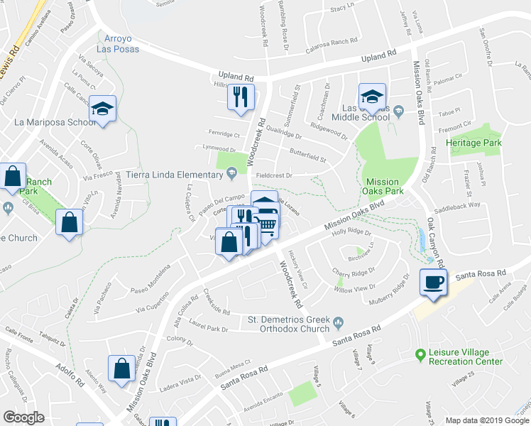 map of restaurants, bars, coffee shops, grocery stores, and more near 1277 Calle Bonita in Camarillo