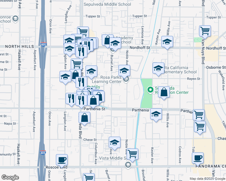map of restaurants, bars, coffee shops, grocery stores, and more near 8816 Burnet Avenue in Los Angeles