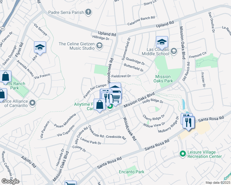 map of restaurants, bars, coffee shops, grocery stores, and more near 1277 Calle Bonita in Camarillo